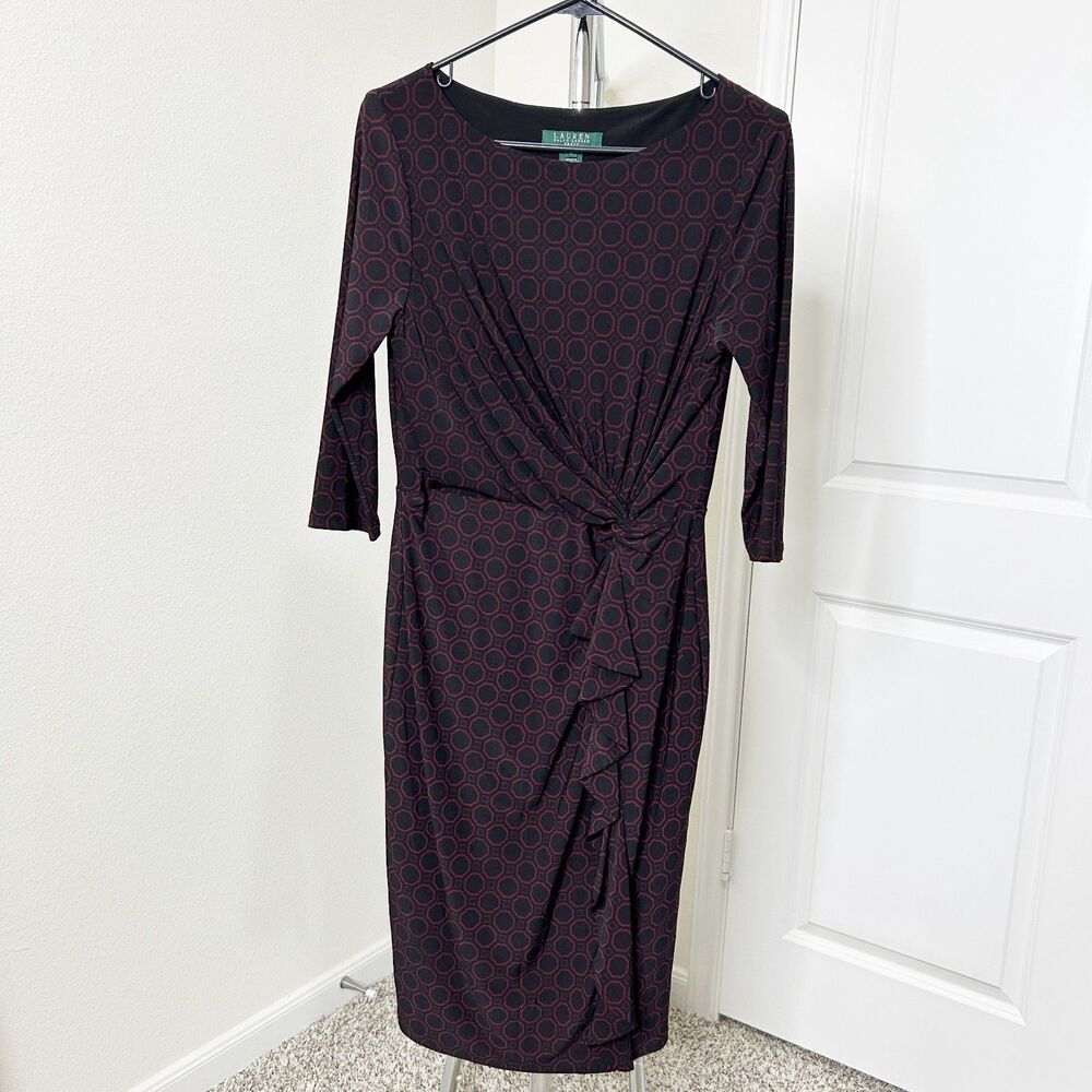 Lauren Ralph Lauren Women Dress 8 Black Red Geometric Ruched Sheath Office Siren